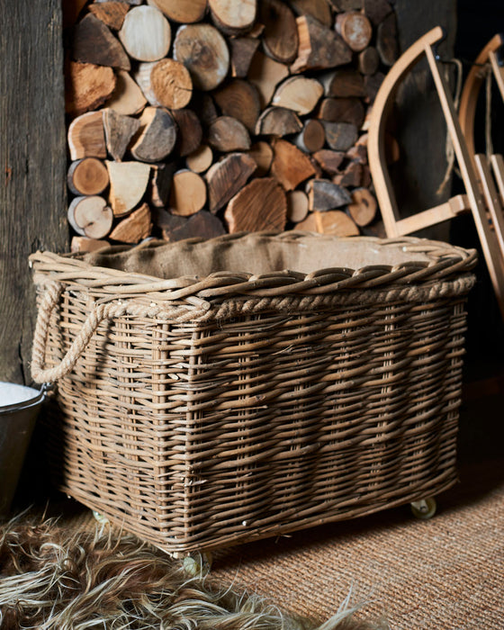 wild wicker log basket with wheels and hessian liner