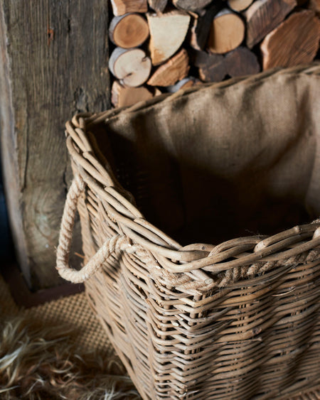 wild wicker log basket with wheels and hessian liner