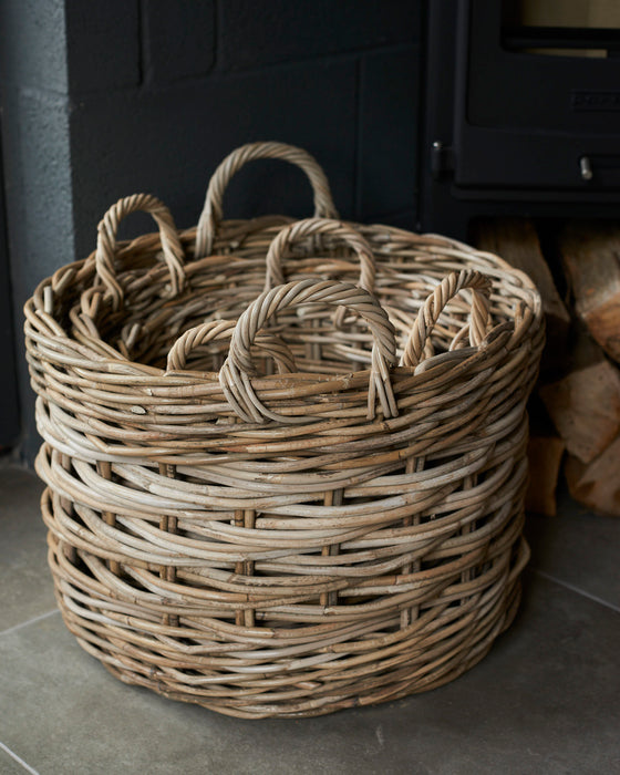 Set of 3 round rattan baskets with ear handles 