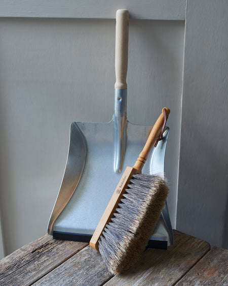 Zinc coated dustpan with beech handle and hanging ring