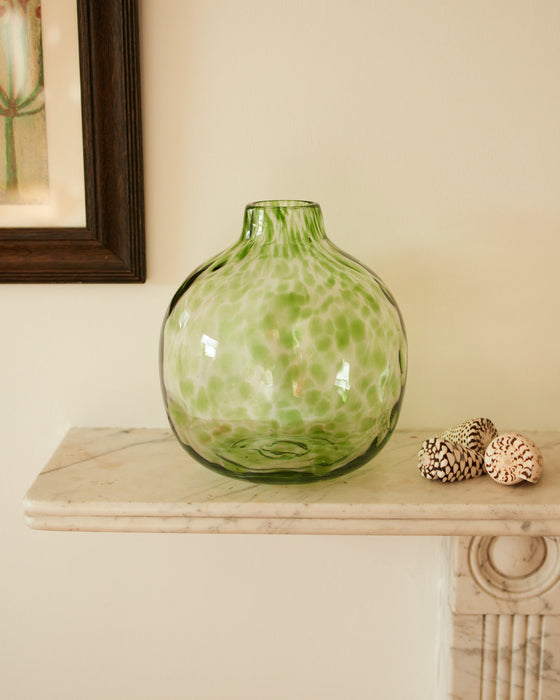 Beautiful Glass vase with green leopard print spots