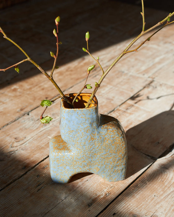 blue and sand coloured geometric glazed vase