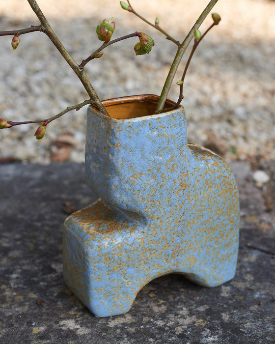 blue and sand coloured geometric glazed vase