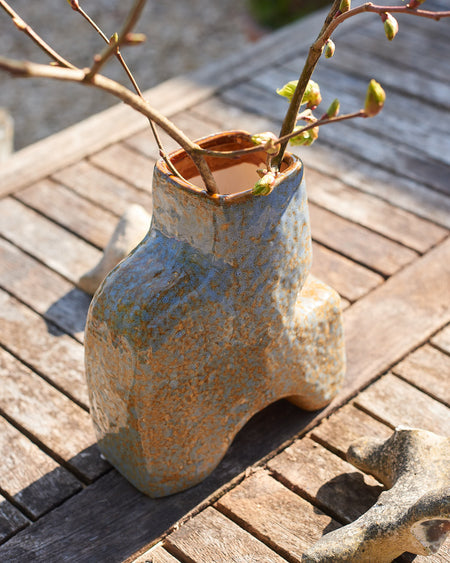 blue and sand coloured geometric glazed vase