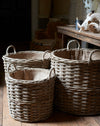 Set of 3 rattan log baskets with hessian liner
