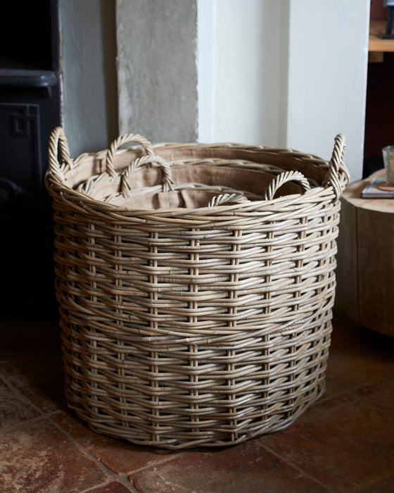 Set of 3 rattan log baskets with hessian liner