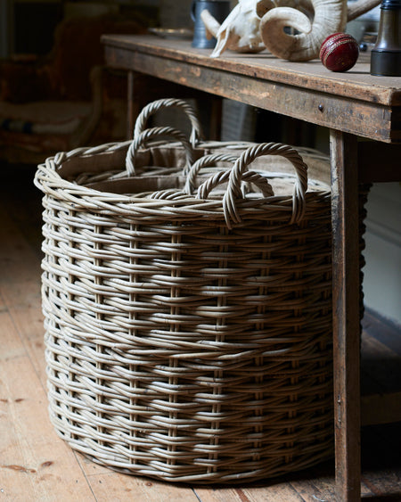 Set of 3 rattan log baskets with hessian liner
