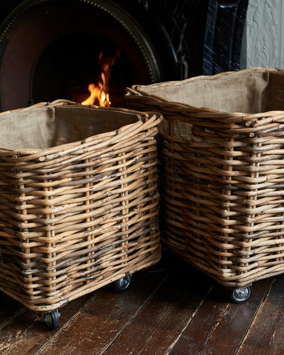 Large square rattan log basket on wheels