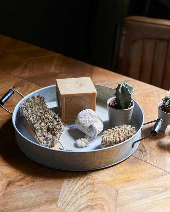 Zinc tray-2 wooden handles.