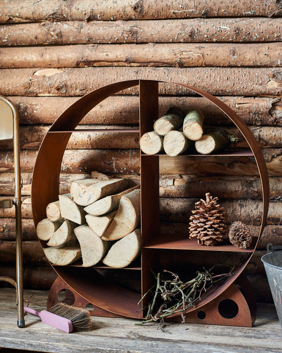 Contemporary log store & shelves - rusted metal