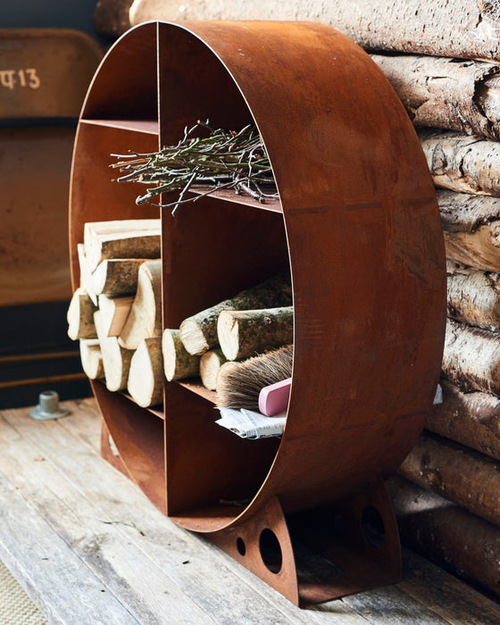 Contemporary log store & shelves - rusted metal
