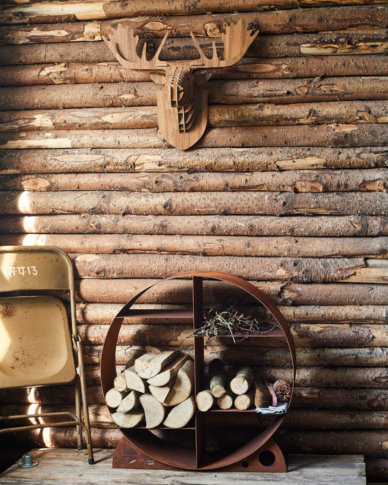 Contemporary log store & shelves - rusted metal