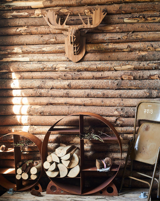 Contemporary log store & shelves - rusted metal