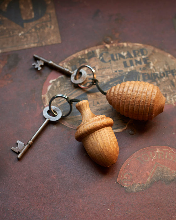 Solid turned Oak key rings- Acorn and beehive