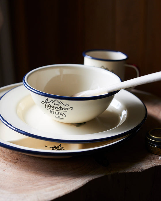 Classic enamel camping & glamping adventure tin bowl.