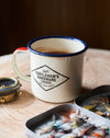 Classic enamel camping & glamping adventure tin mug.