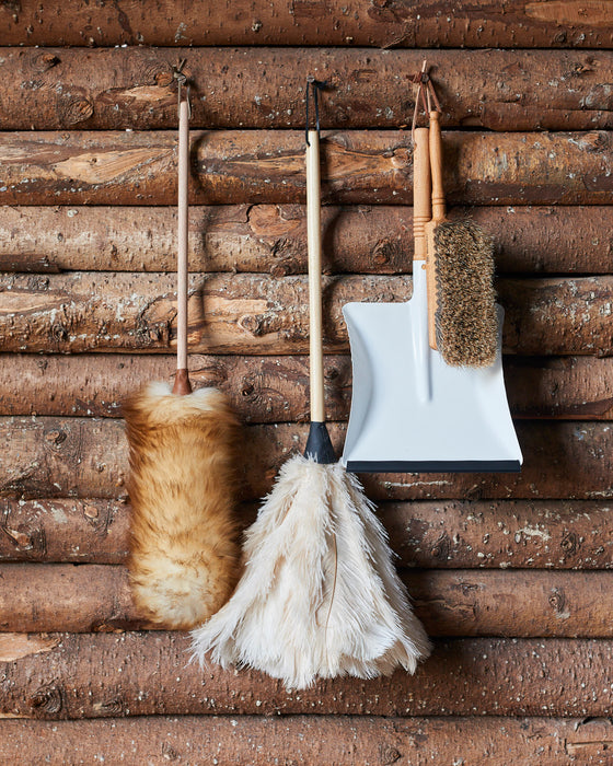 Lambs wool duster with wood handle and leather loop