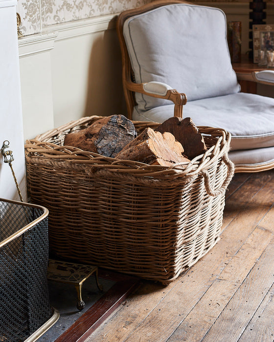 Large wild wicker log basket with rope handles