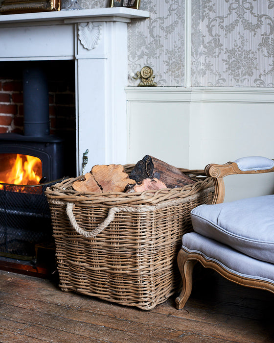 Large wild wicker log basket with rope handles