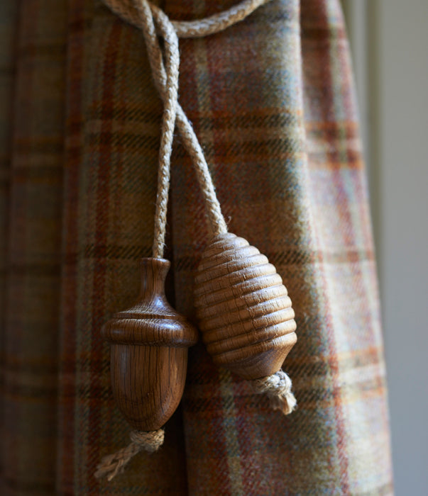 Rustic oak light pull with hemp cord-acorn/beehive
