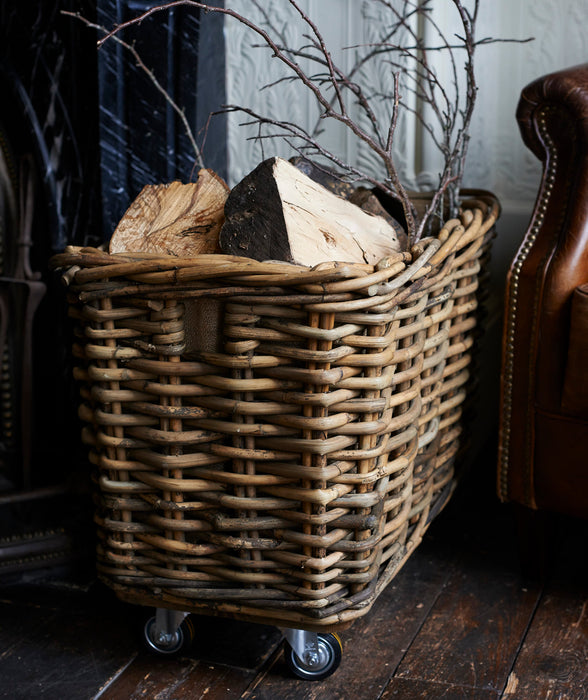 Large rectangular rattan Log basket- coaster wheels - 210