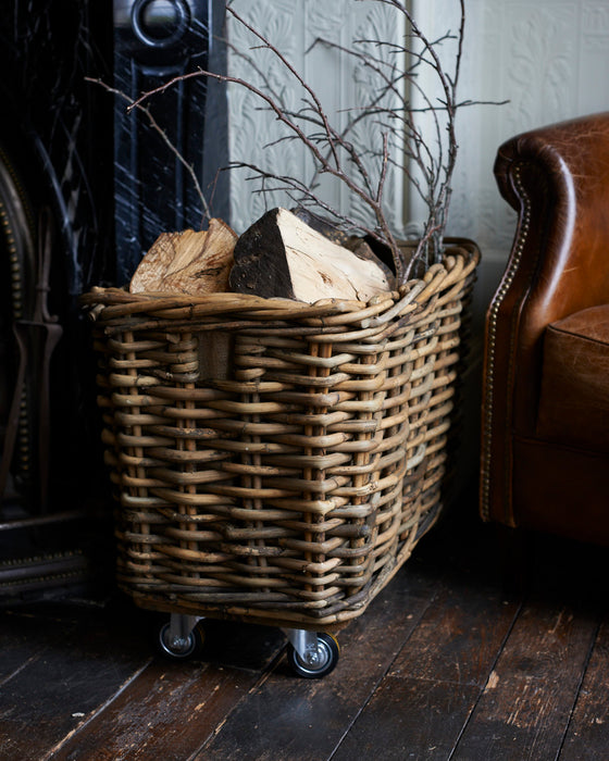 Large rectangular rattan Log basket- coaster wheels - 210