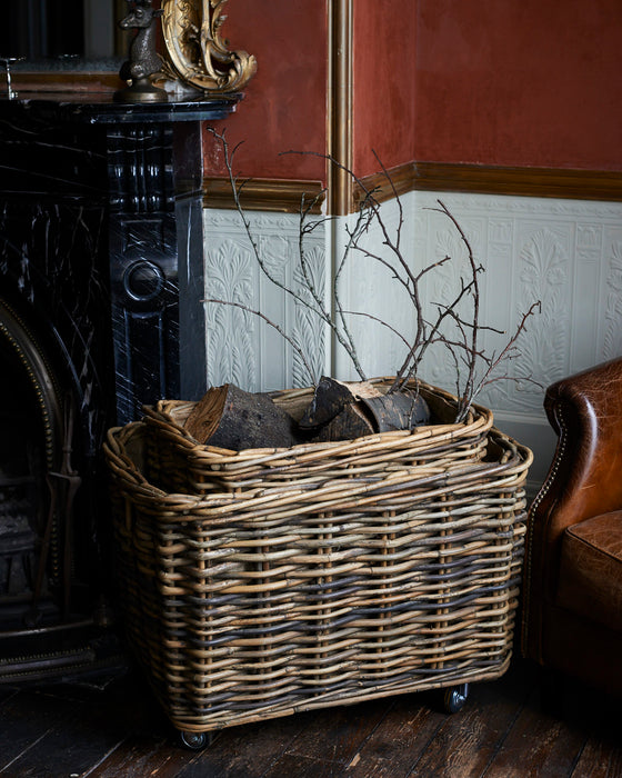 Large rectangular rattan Log basket- coaster wheels - 210