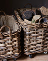 Large rustic rattan log baskets - wheels & hessian liner