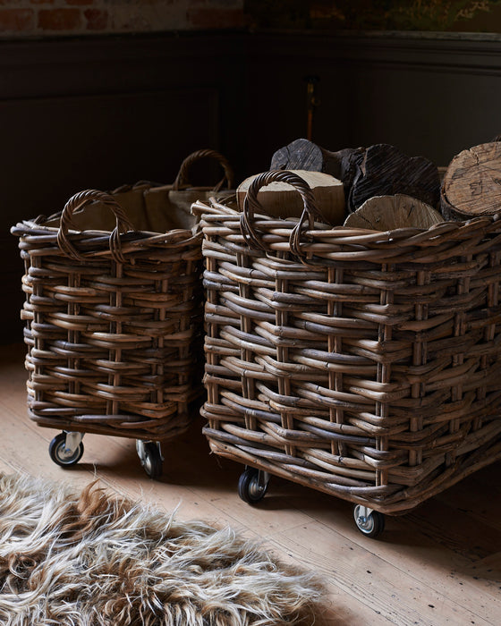 Large rustic rattan log baskets - wheels & hessian liner