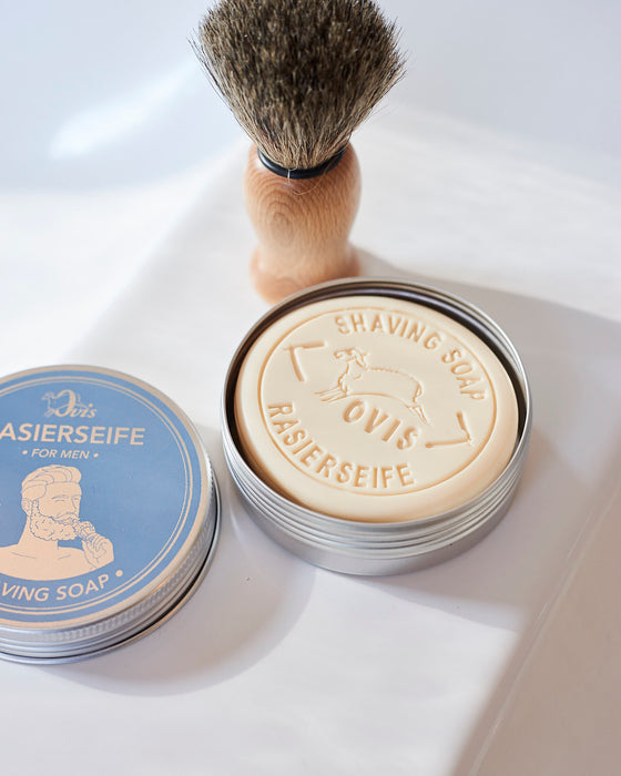 Sheep's milk shaving soap in retro aluminium tin.