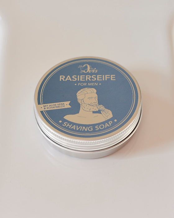 Sheep's milk shaving soap in retro aluminium tin.