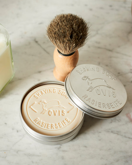 Sheep's milk shaving soap in retro aluminium tin.