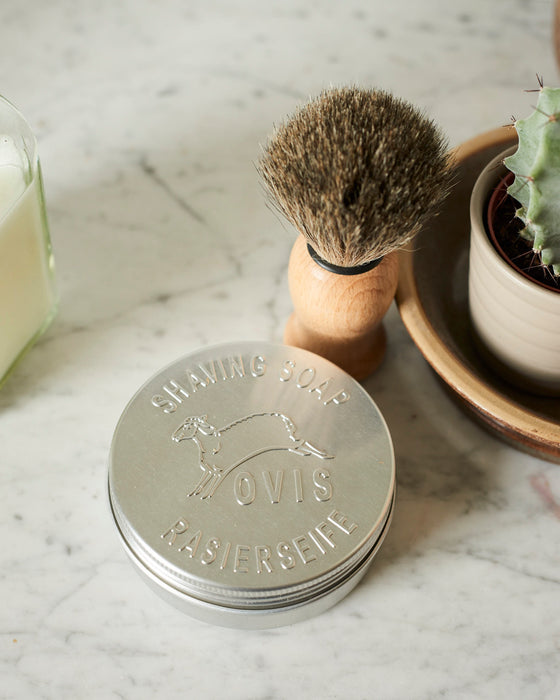 Sheep's milk shaving soap in retro aluminium tin.