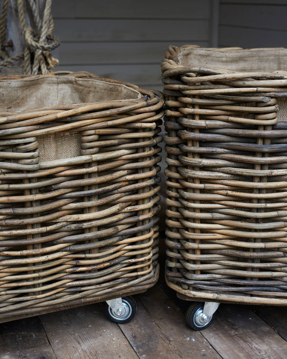 Large square rattan log basket on wheels