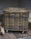 Large square rattan log basket on wheels