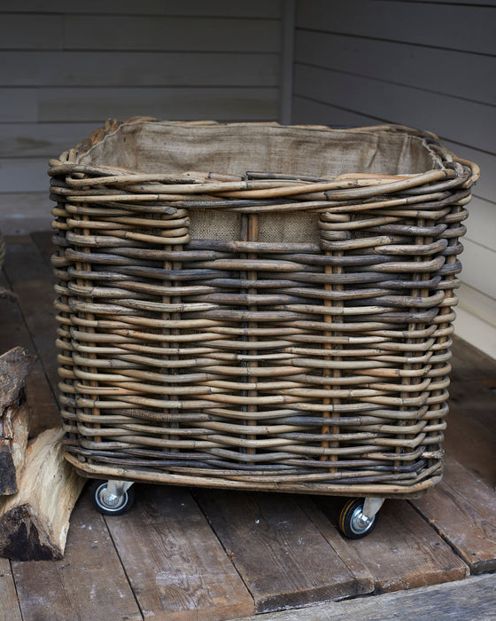 Large square rattan log basket on wheels