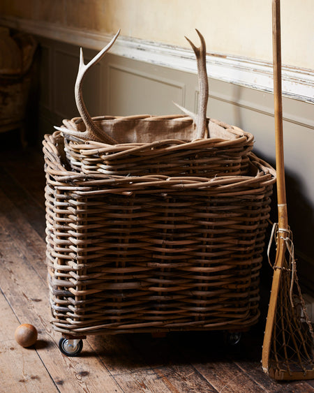 Large square rattan log basket on wheels