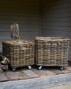 Large square rattan log basket on wheels