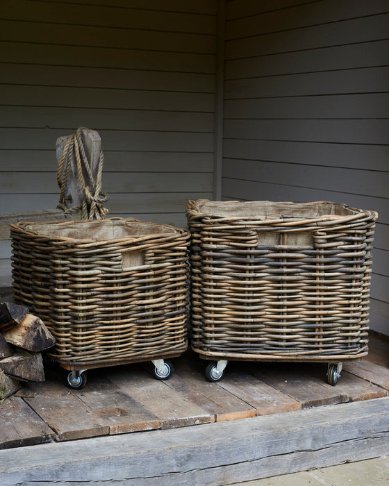 Large square rattan log basket on wheels