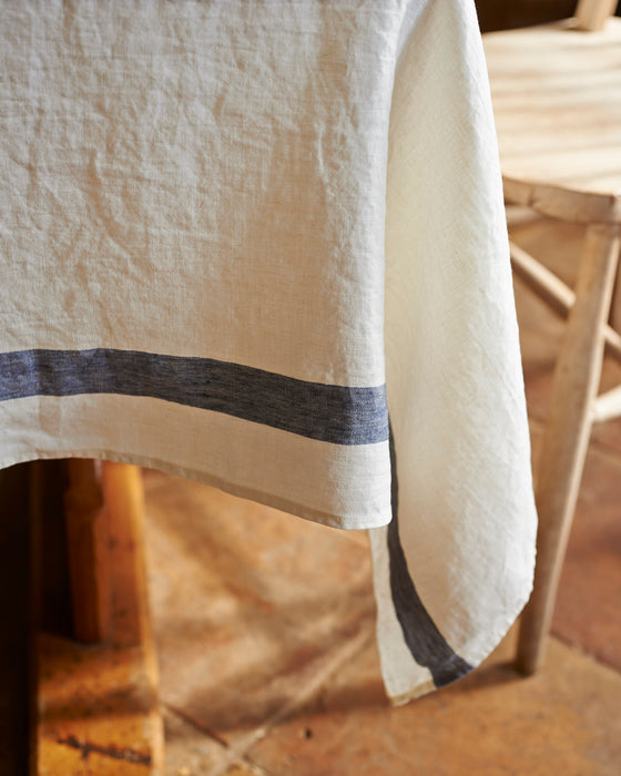 100% washed linen table cloth with navy stripe