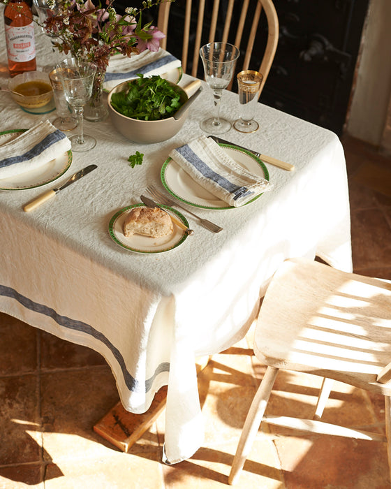 100% washed linen table cloth with navy stripe