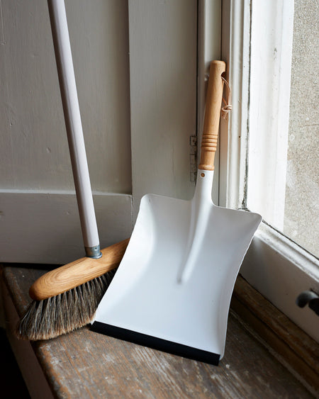 White metal dustpan with wood handle & leather loop