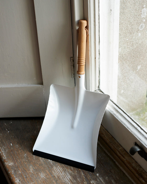 White metal dustpan with wood handle & leather loop