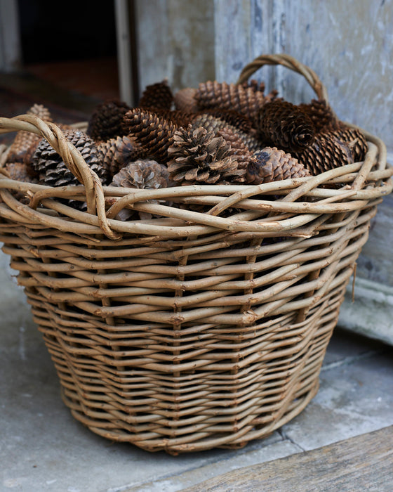 Wild wicker log basket with hessian liner and ear handles