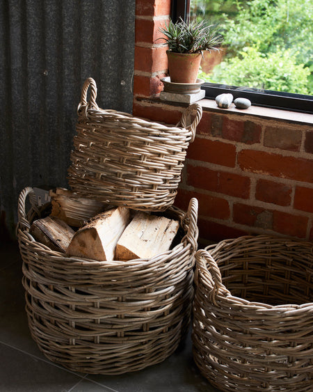 Set of 3 round rattan baskets with ear handles 