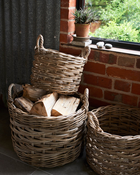 Set of 3 round rattan baskets with ear handles 