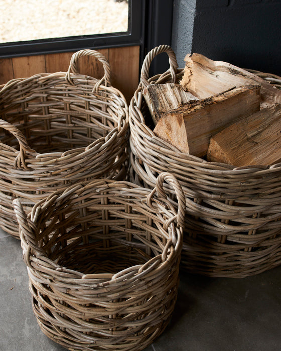 Set of 3 round rattan baskets with ear handles 