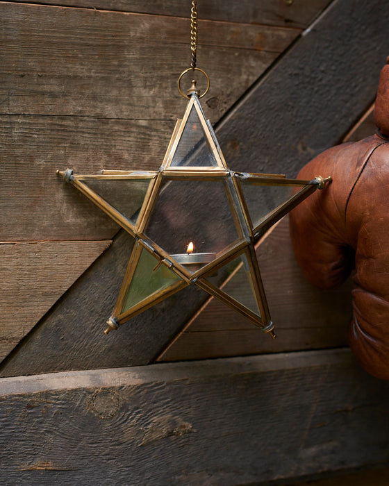 Antique brass star T- light holder on a linked chain