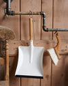 White metal dustpan with wood handle & leather loop